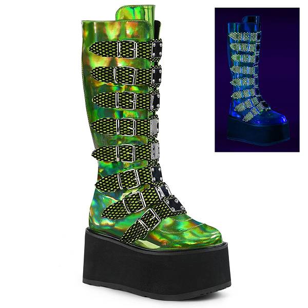 Demonia Women's Damned-318 Knee High Platform Boots - Lime Green Hologram Vegan Leather D9502-13US Clearance